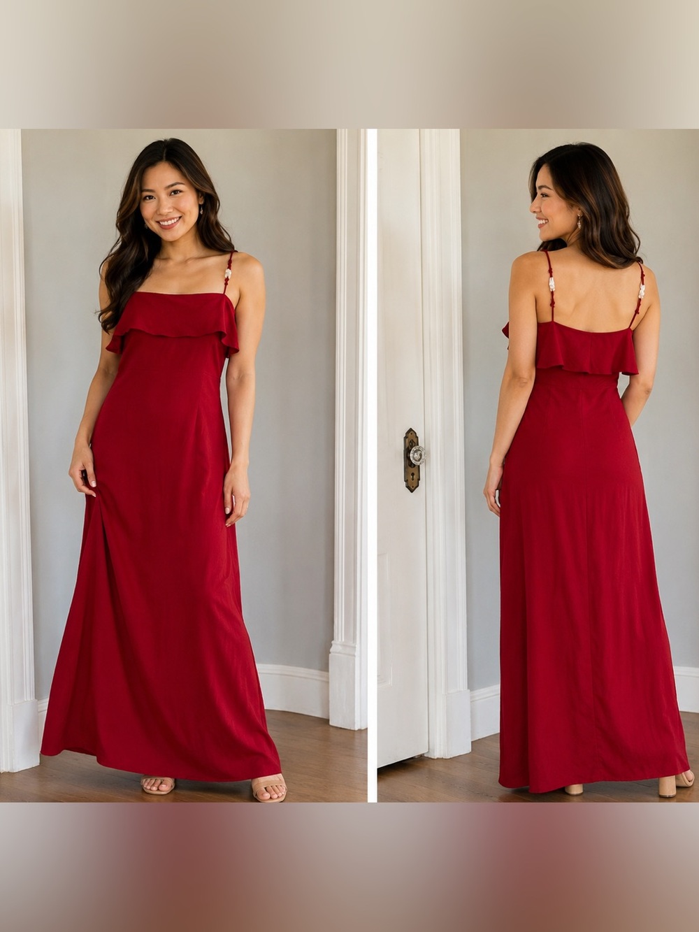 Ruffle-Trim linen blend Maxi Dress in Wine Red and beaded straps